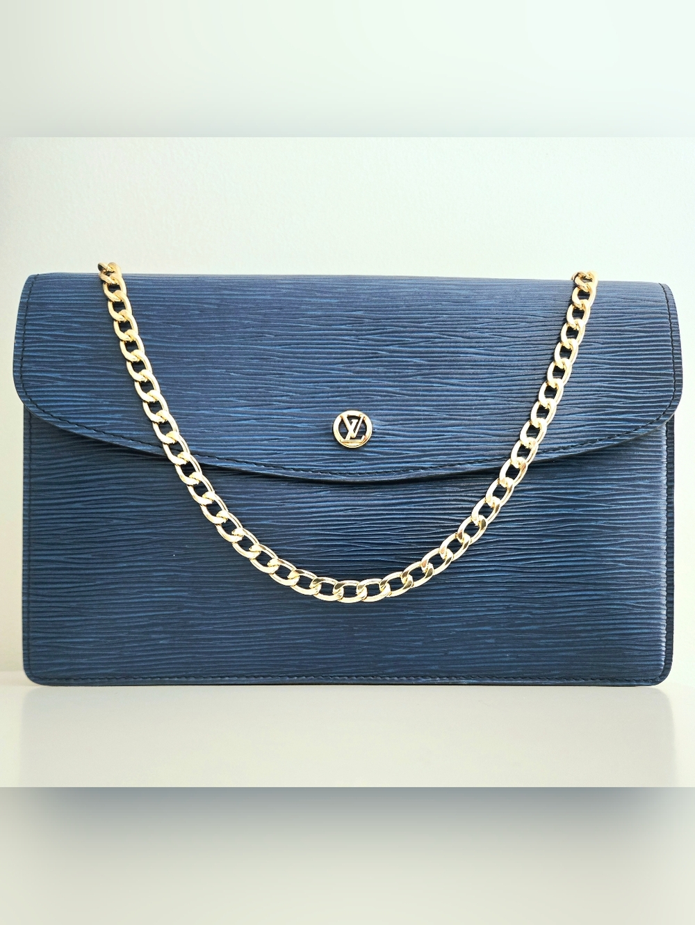 Authentic LOUIS VUITTON LV Blue Gold Epi‎ Leather Clutch WOC Wallet Crossbody